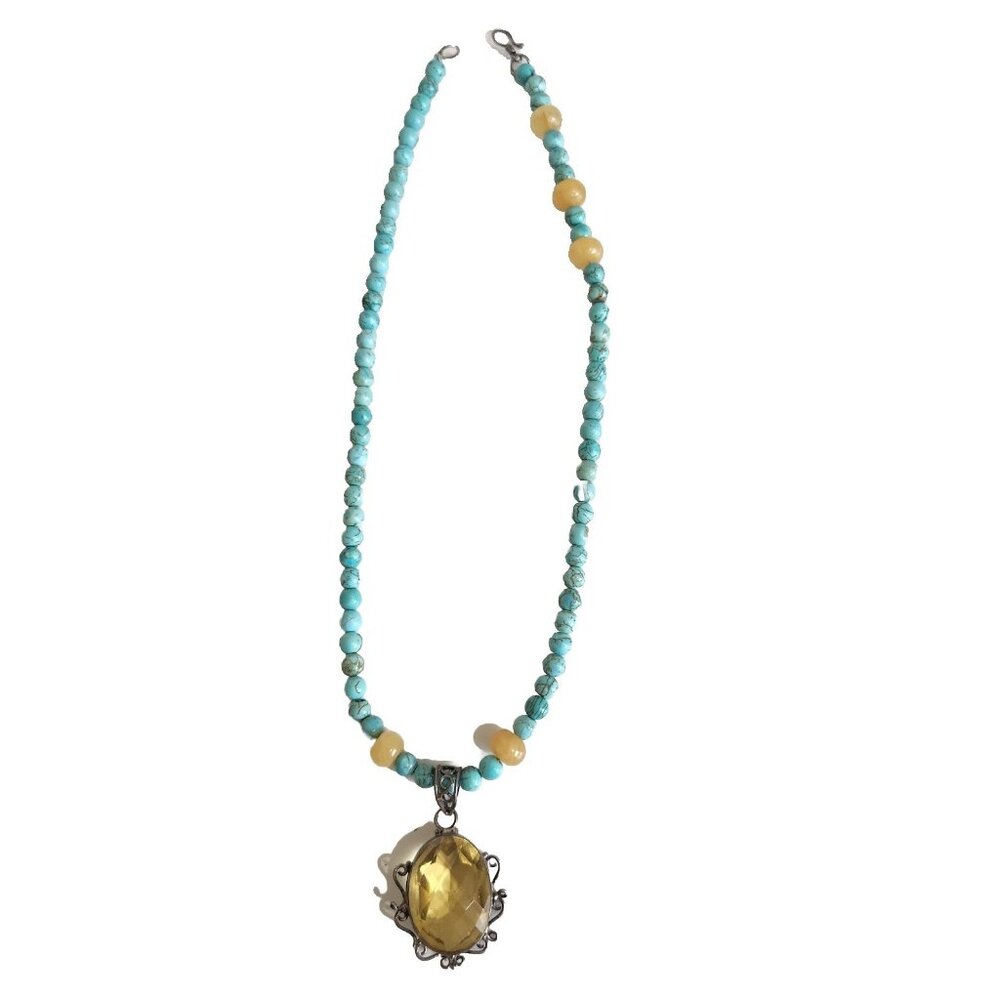 Turquoise And Butterscotch Beads With Lemon Color Glass, Quartz,Pendant set in